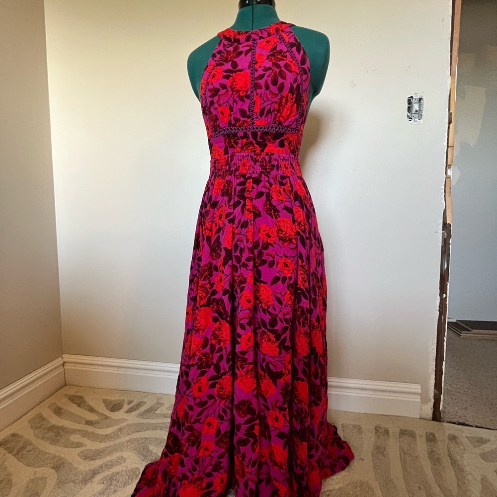 Elegant Floral Maxi Dress in Red and Purple